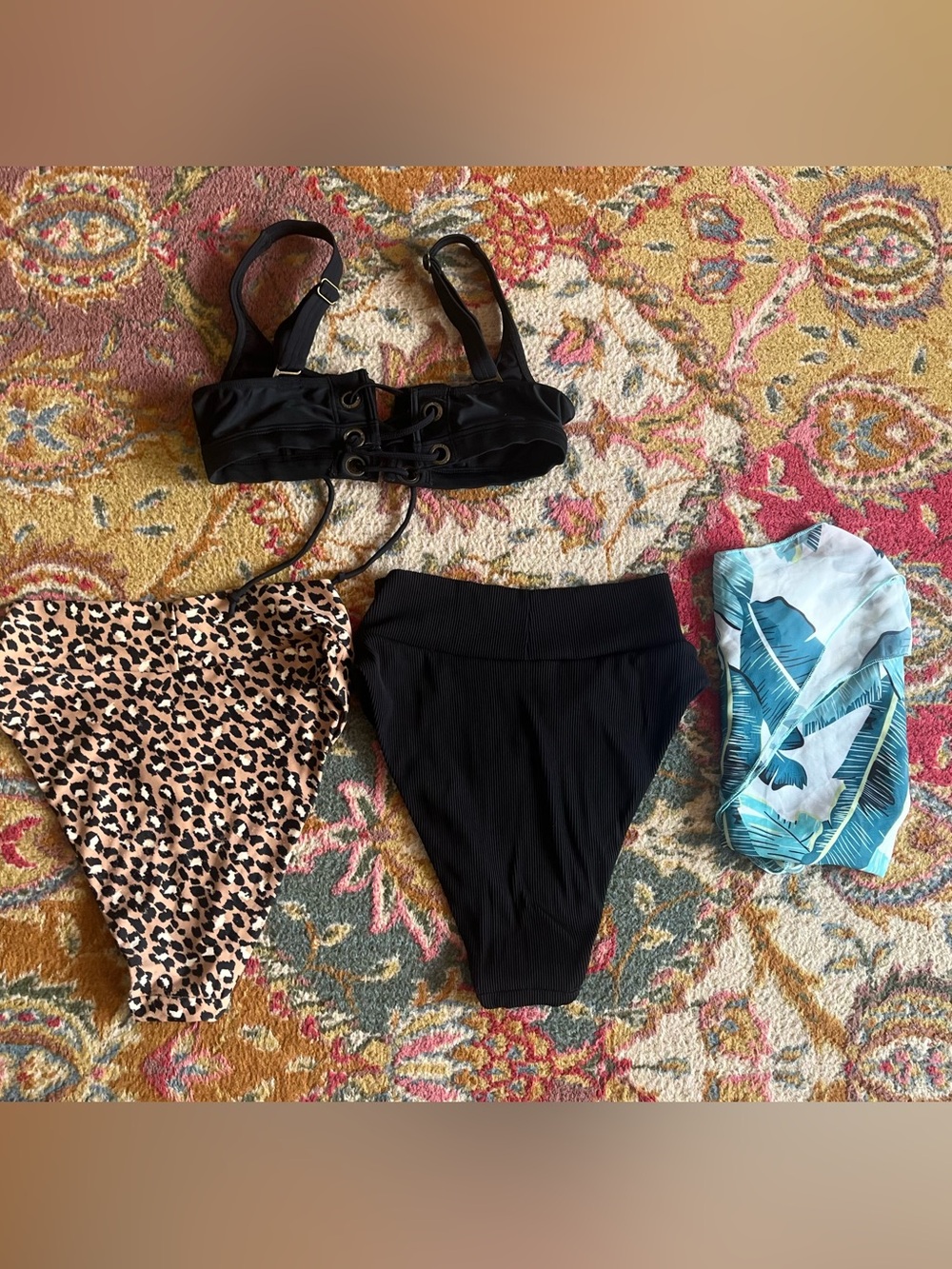 4 swim pieces aerie Black Ribbed/Cheetah High-Cut Bikini Bottoms Cheeky Fit/top